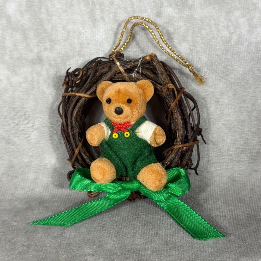 Vtg Mini Flocked Bear Grapevine Wreath Christmas Ornament 80s 90s Cottage Rustic